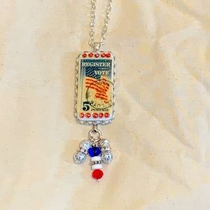 One of a kind old postage stamp domino necklace $20